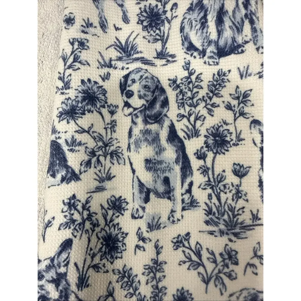 TWO Blue & White Dogs Toile Kitchen Towels Cotton Blend CORGI Shepherd Retriever